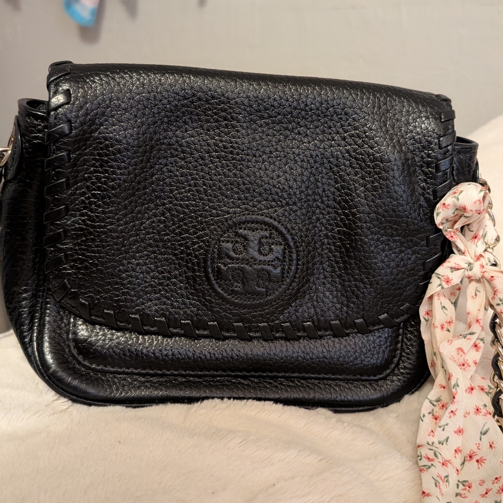 Tory Burch Black Leather Crossbody with Floral Accent